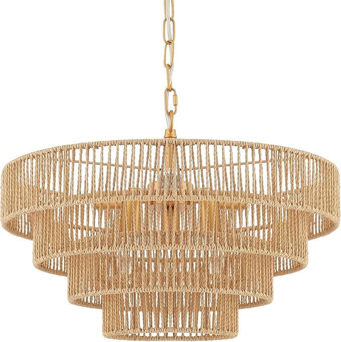 6-Lights Hand-Woven Rattan Pendant Light 4 Round Transitional Minimalist Boho Large Pendant Light for Kitchen Island Dining Room Living Room Hallway, Dia 20 Inch, UL Listed