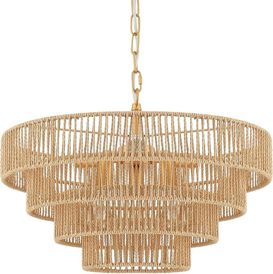 6-Lights Hand-Woven Rattan Pendant Light 4 Round Transitional Minimalist Boho Large Pendant Light for Kitchen Island Dining Room Living Room Hallway, Dia 20 Inch, UL Listed