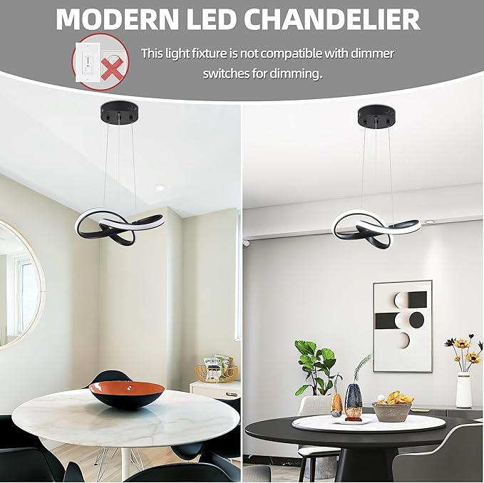 LED Chandelier Modern Pendant Light Fixture Simple Irregular Streamline Ring Light Black with 4500K and 59in Height Adjustable Hanging Lamp for Kitchen Island Hallway Foyer Closet Corridor