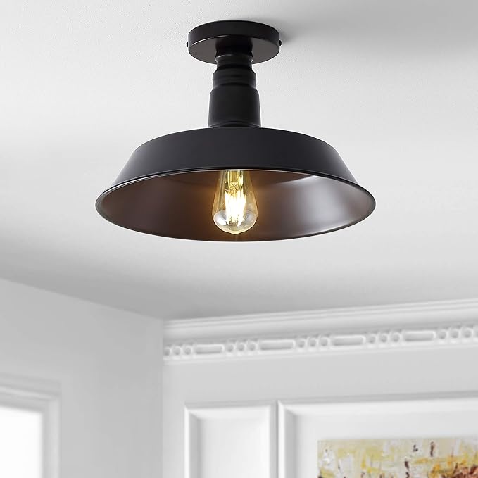 JONATHAN Y 14" Oil Rubbed Bronze Industrial LED Semi Flush Mount Ceiling Light for Porch, Kitchen, Entryway, Modern Farmhouse Iron Fixture, White Metal Shade, LED Bulb Included (JYL9516A)