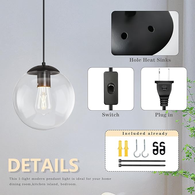 KoKo&Yukina 10" Globe Pendant Light Black Plug in Pendant Light Adjustable Hanging Lights with Plug in Cord Matte Black Finished with Clear Glass Lampshade for Bedroom Kitchen Island（Bulb Included）