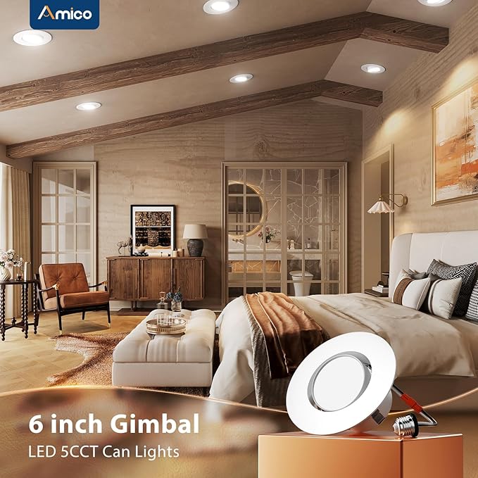Amico 4 Inch Retrofit Eyeball Gimbal Can Lights 6 Pack, Metal Trim, 5CCT LED Recessed Lights Directional Angled Adjustable Ceiling Downlight, 10W=90W, 900 LM- ETL&FCC