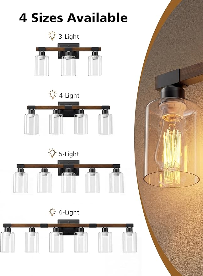 VOLISUN Farmhouse Bathroom Light Fixtures, 4 Light Bathroom Vanity Lights Over Mirror, Rustic Vanity Light for Bathrooms,Wood Bathrooms Lights Fixtures Over Mirror-UL Certificated
