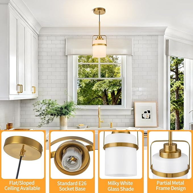 Modern Brass Pendant Lights Kitchen Island Light, Adjustable Hanging Light Fixture with Milk Glass Shade, Farmhouse Pendant Light for Dining Room Bar Over Sink/Table/Counter, 1 Pack