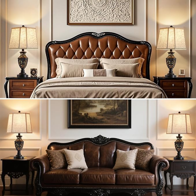 EJIAXIN Lamps for Night Stands Set of 2-23.5" Vintage Bedside Lamp with USB A+C and Nightlight - Black Retro Carved Resin Farmhouse Table Lamp for Bedrooms, End Tables, Living Room, Bulbs Included