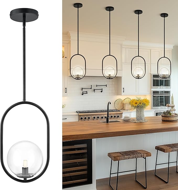 AUTELO 1-Light Matte Black Pendant Lights Kitchen Island, Kitchen Pendant Lighting Over Island with Clear Globe Glass, Black Hanging Lamp with Adjustable Rod for Kitchen Island H9376 CLBK