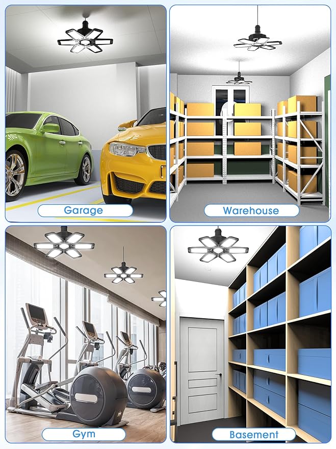 LED Garage Lights 2 Pack - 180W 18000LM Garage Lights Ceiling Led with 6 Deformable Panels, 6500K Screw in Shop Lighting Fit E26/E27 Bulb Socket, for Workshop Basement Barn Attic