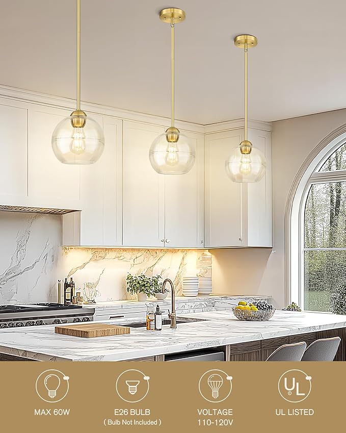 Emak 8 Inch Globe Pendant Lights Kitchen Island, Brushed Gold Pendant Light Fixtures with Clear Glass Shade, Modern Island Lights for Kitchen, Dining Room, Bathroom, PL121-BGD-AG