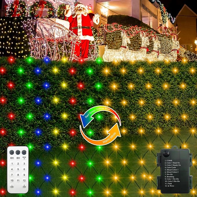 echosari Net Lights Battery Operated, 100 LED Dual Color Changing Bush Lights 5X 5Ft Christmas Net Light with Remote for Garden Shrub Bush Fence Decor (Warm White & Multicolor)