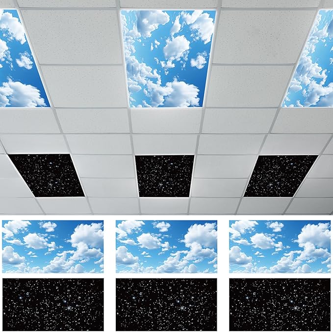 Wiooffen 6 Pcs Fluorescent Light Cover with 60 Magnets Decorative for Classroom Ceiling Lights 4 x 2 Feet Magnetic Light Covers Filter Easy Install for Office Hospitals & Home (Cloud and Starry Night)