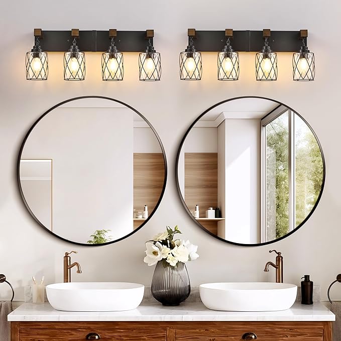 Farmhouse Bathroom Light Fixtures, 4 Light Bathroom Vanity Light with Metal and Glass Lampshade, Wood Rustic Lighting Fixtures Over Mirror, Black Wall Sconces for Living Room, Bedroom