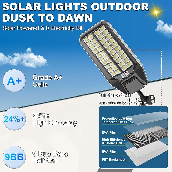 Solar Street Lights Outdoor Waterproof Dusk to Down Heavy Duty 10000W Commercial Large Solar Lights Outdoor Motion Sensor with Remote Control LED Parking Lot Flood Lights for Yard Garden Walkway