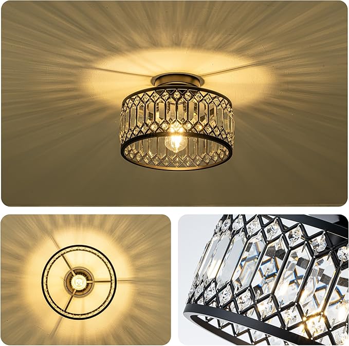 Mayful Modern Crystal Ceiling Light,Black Seim Flush Mount Lighting Fixtures,Round Hallway Light Fixtures for Entryway Bedroom Kitchen Laundry Room,11 Inch