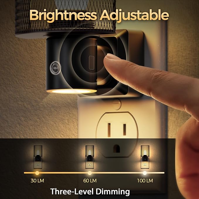 DORESshop LED Night Light Plug in, Night Lights Plug into Wall, Dusk-to-Dawn Sensor, Vintage Farmhouse Decor, 3 Level Brightness Adjustable, Dimmable Nightlights for Adults, Bathroom, Hallway