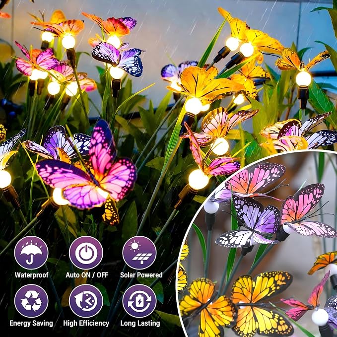 Solar Garden Lights 2 Pack, Upgraded Swaying Butterfly Light,Outdoor Light, Decorative Lights Yard Patio Pathway Decoration, Larger Solar Panel & Better Sway Effect (2 Pack)