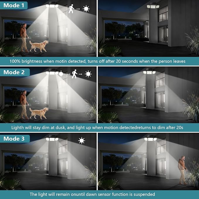 Solar Lights Outdoor Waterproof- 2800LM 200LED Solar Motion Sensor Lights, 3 Heads & 3 Modes Flood Lights, 270° Wide Angle Solar Powered Security Lights for Yard(1 Pack)