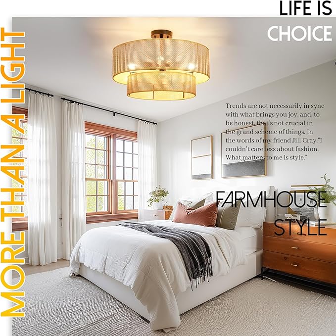 Hamilyeah 20 inch Boho Flush Mount Ceiling Light Fixture Double Layer, Drum Light Fixture Ceiling Mount with Wicker Shade, Bamboo Woven Rattan Lights Ceiling for Living Room, Bedroom, Dinning Room