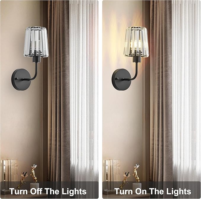 KARTOOSH Hardwired Crystal Wall Sconces Set of Two - Dimmable Wall Light Fixtures 3000K, Warm White, for Hallway, Bathroom, Living Room, Bedroom, Black, 13 Inch