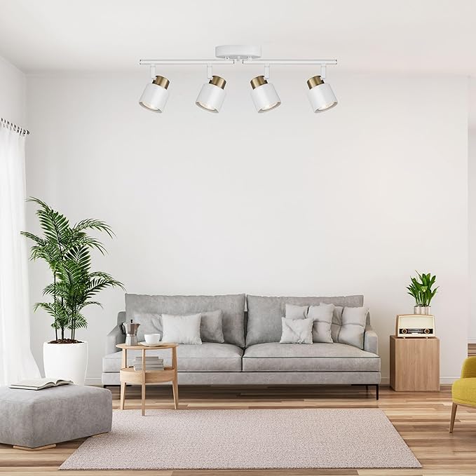 4 Light Track Lighting Kit, Matte White Brass Finish Adjustable with Modern Flush Mount Ceiling Spotlight for Kitchen,Dining,Living Room,Home Improvement