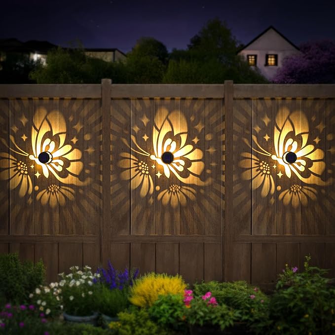 Hapjoy Solar Fence Lights 4 Pack Solar Deck Lamps Outdoor Decorations Powered Step Lights Wall Waterproof LED Warm Decorative Lighting for Garden (Butterfly-Flower, 4)