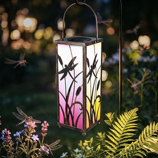 ODEETRONIC Solar Lantern Light, Hanging Dragonfly Lantern with Colorful Film Shade, Metal Solar Tabletop Light Warm White LED Outdoor Garden Lighting Waterproof for Patio Pathway Porch Balcony Decor
