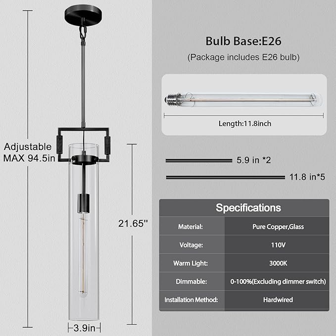 Black Pendant Lights,Modern Glass Pendant Lights Kitchen Island,21.6'' Farmhouse Kitchen Pendant Lighting Over Island for Dining Table,Bathroom,Bedroom,Included E26 Bulb
