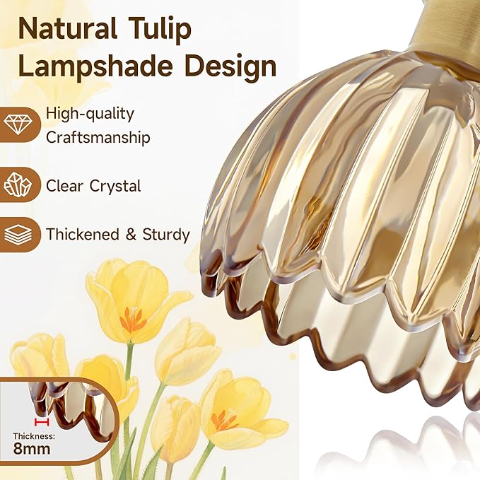 2 Light Bathroom Vanity Lights Over Mirror,Vintage Wall Sconce,Antique Brass Bathroom Light Fixtures,Tulip Sconces Wall Lighting with Amber Thick Glass Shade for Bedroom Living Room, E26 Base