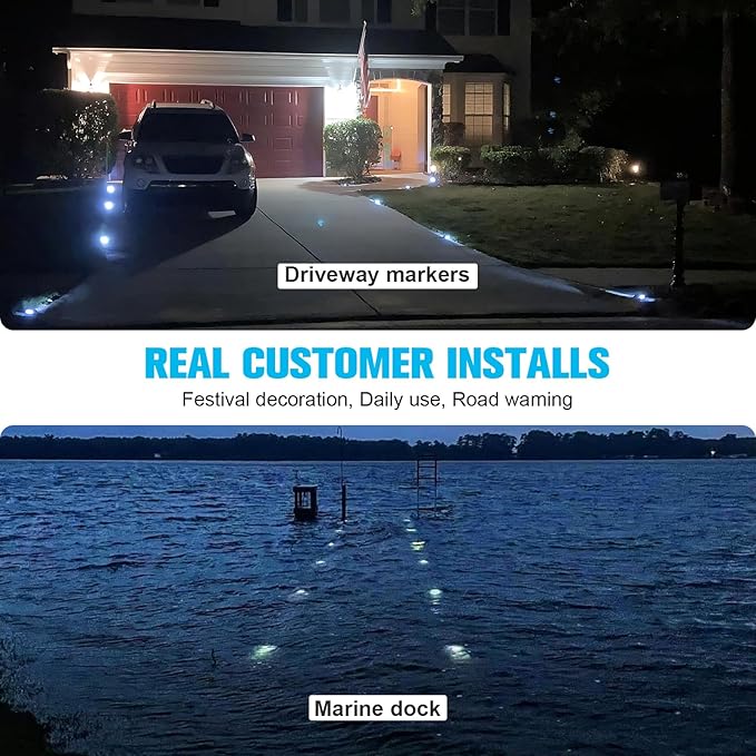 VOLISUN Solar Deck Lights Driveway Dock Light, 12-Pack Led IP68 Waterproof Outdoor Warning Step Lights for Driveway Sidewalk Garden Pathway Yard(Warm White, Auto On/Off