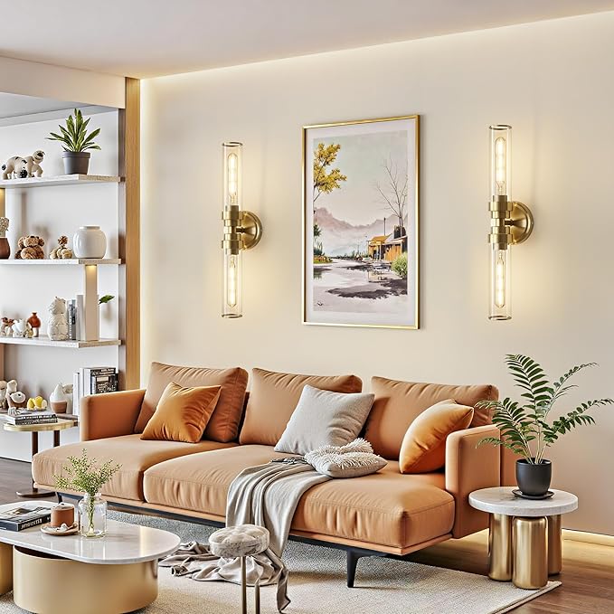 Bathroom Light Fixtures, Gold Wall Sconce in Clear Glass Vanity Lights, Modern Bathroom Vanity Light Up and Down Sconces Wall Lighting for Living Room, Hallway, Bedroom - Bulb Not Included