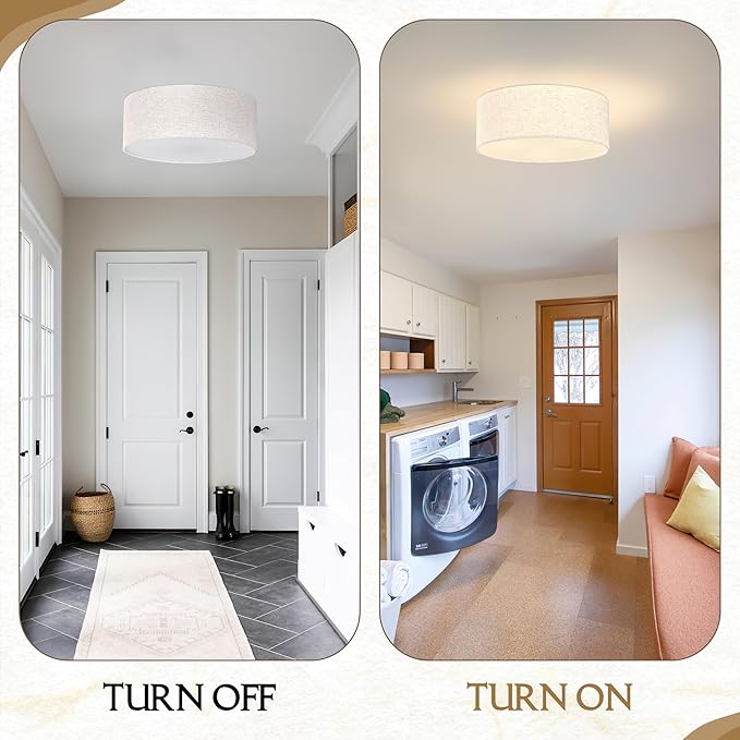12.6 Inch Flush Mount Ceiling Light Gold Close to Lights Fixture with Fabric Shade 3-Light Drum Modern Lights for Dining Room Bedroom Hallway