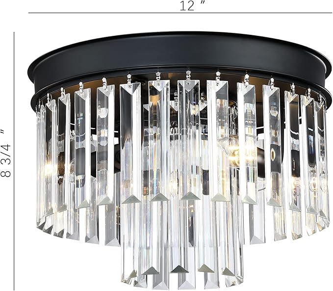 MEXO Crystal Flush Mount Ceiling Light Black Finish,2-Tier Crystal Close to Ceiling Light Fixture for Living Room Bedroom Dinning Room Hallway