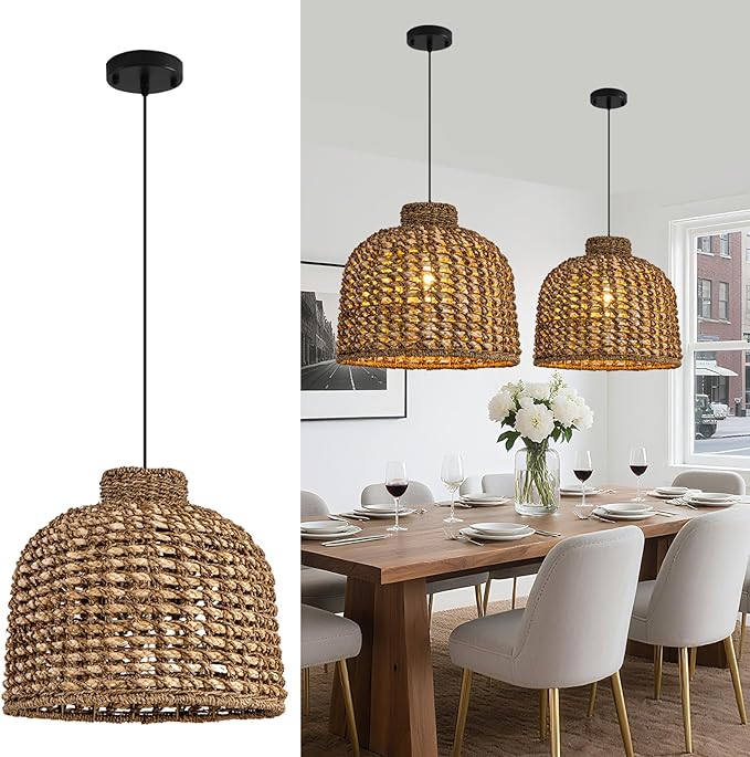 Rattan Pendant Light Fixtures,13.78" Boho Seagrass Pendant Light,1-Pack Hand Woven Water Plants Rattan Chandelier for Dining Living Bedroom Kitchen Farmhouse