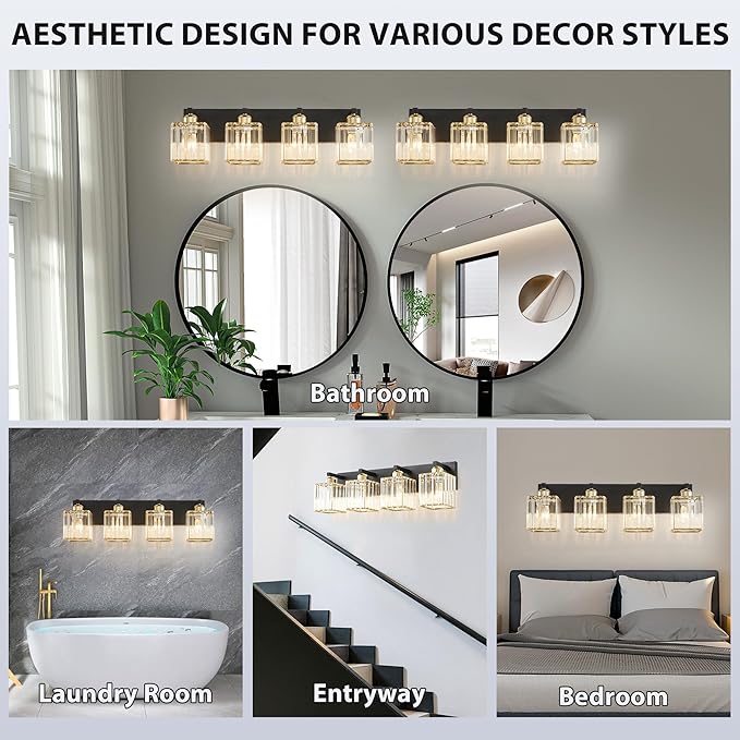 Bathroom Vanity Light Fixtures Over Mirror 4 Crystal Lights - Makeup Lighting Black Gold - for Modern Wall, Bath, Desk, Farmhouse, Hallway