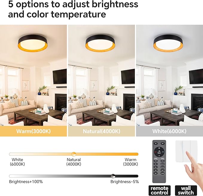 12 Inch LED Flush Mount Ceiling Light with Remote, 18W Flush Mount Light Fixture in Black and Wood Finish, Dimmable Ceiling Light for Bedroom, Hallway, Entryway, Bathroom, Kitchen