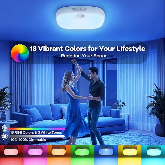 Shower Light IP65 Waterproof, Motion Sensor Ceiling Light, Rechargeable Closet Light with 10000mAh Battery & Remote, 18 RGB Colors LED Bathroom Shower Lamp for Inside Shower/Bathtub, Mood Lighting