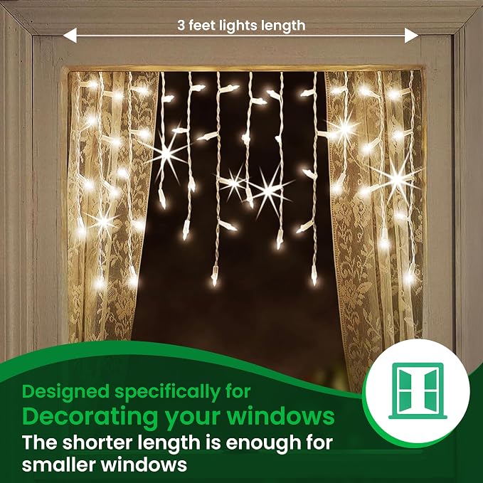 Christmas LED Twinkle Window Icicle Lights - 3 Feet (0.91 m) - 8 of 50 Bulbs Twinkle Random - 50 LED Warm White Bulbs - Indoor Outdoor - Twinkling Icicle Christmas Lights