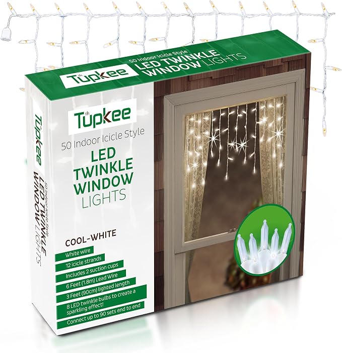 Christmas LED Twinkle Window Icicle Lights - 3 Feet (0.91 m) - 8 of 50 Bulbs Twinkle Random - 50 LED Cool White Bulbs - Indoor Outdoor - Twinkling Icicle Christmas Lights