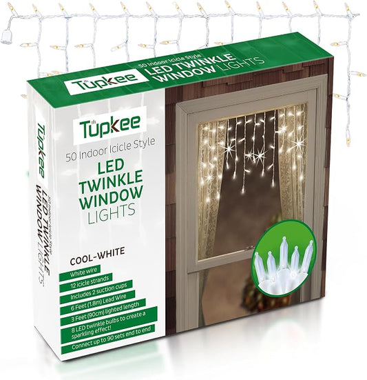 Christmas LED Twinkle Window Icicle Lights - 3 Feet (0.91 m) - 8 of 50 Bulbs Twinkle Random - 50 LED Cool White Bulbs - Indoor Outdoor - Twinkling Icicle Christmas Lights