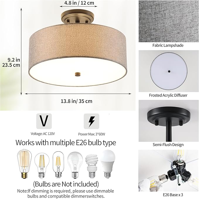 13.8 Inch Semi Flush Mount Ceiling Light Fixture, 3-Light Modern Farmhouse Drum Pendant with Fabric Shade for Bedroom Hallway Entryway Living Room (Gray+Black)