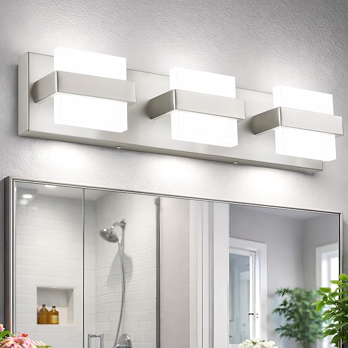 SOLFART Brushed-Nickel Bathroom Vanity Light Fixtures Over Mirror, Dimmable Vanity Lights for Bathroom, 3 Lights Bathroom Lighting Modern LED Lights