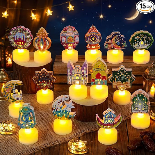 Handepo 15 Pcs Mini Ramadan Lantern Mubarak Tea Light Colorful Eid Flameless Candle with Moon Star Mosque Design LED Battery Operated Ramadan Table Decor Gift for Party Kitchen Home Indoor Outdoor