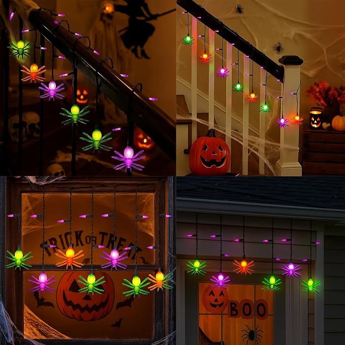 Halloween Spider String Lights Outdoor, 25 Mini Curtain String Lights with 10 Colorful Spider Lights, 7.5Ft Summerween Decoration Light for Window Patio Stair Halloween Decor