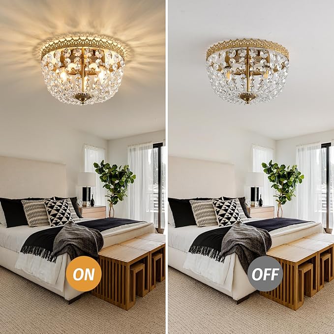 Crystal Flush Mount Ceiling Light Fixture 3 Lights French Empire Chandeliers Lighting for Dining Living Room Foyer Kitchen Bedroom Hallway Entryway,Brushed Brass Finish,W12.6 inch X H8.27inch