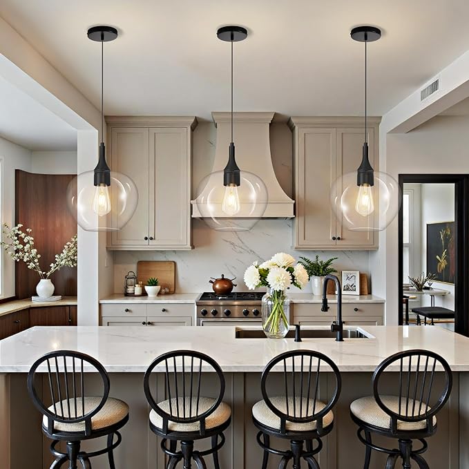 Glass Pendant Lights Kitchen Island, 9.45'' Matte Black Pendant Lighting Fixtures, Modern Hanging Ceiling Light with Clear Glass Shade for Farmhouse Dining Room Bedroom Hallway(1 Pack)