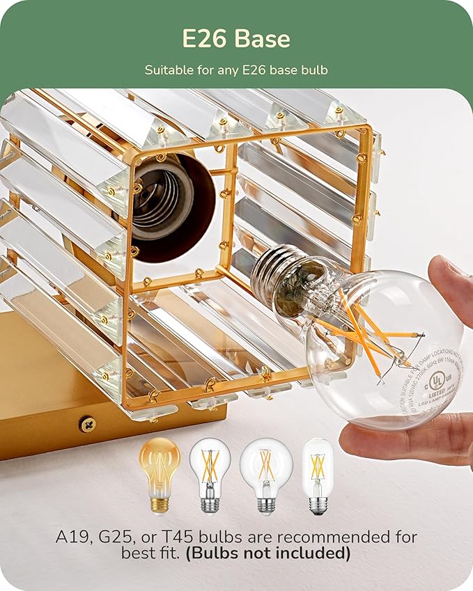 EDISHINE Hardwired Bathroom Vanity Light, Modern Bathroom Lighting Fixtures Over Mirror, Wall Sconces Set of Two with Crystal Shade, Bath Lamp for Living Room, Bedroom, Powder Room, E26 Base, Gold