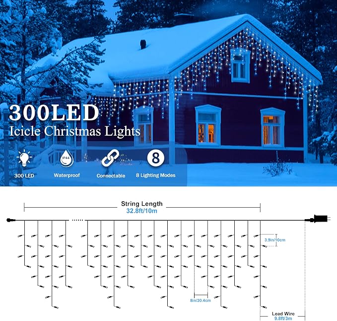 Icicle Lights Outdoor Decorations 300 LED 33ft 8 Modes Curtain Fairy String Light with 50 Drops, LED String Light Indoor for Wedding Party Holiday Christmas Decorations,Blue+White