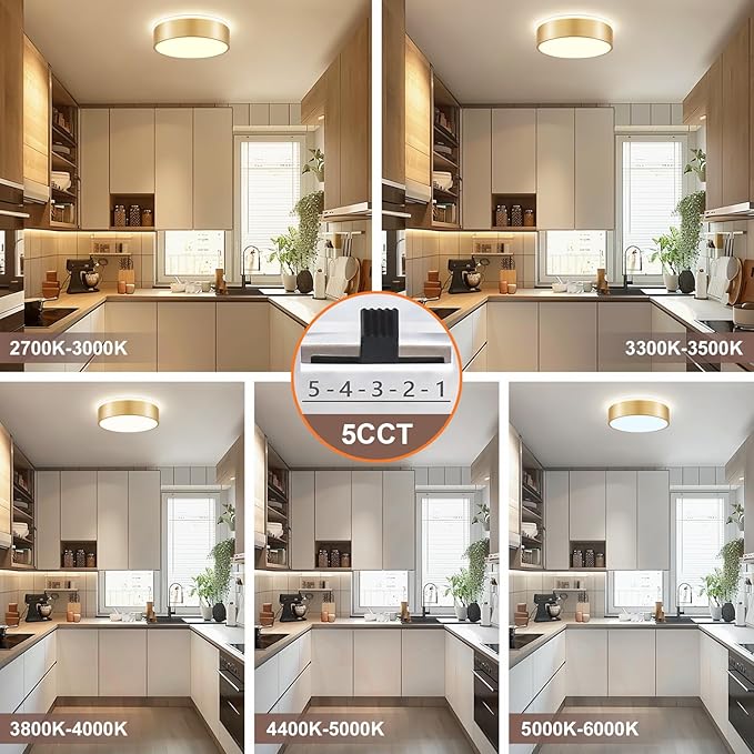 YURNYQ Dimmable Gold LED Flush Mount Ceiling Lights, Modern 5CCT 2700K-6000K Close to Ceiling Light, Minimalist Round Kitchen Lighting Fixtures for Bedroom Hallway Entryway Laundry Room, 11.8 Inch