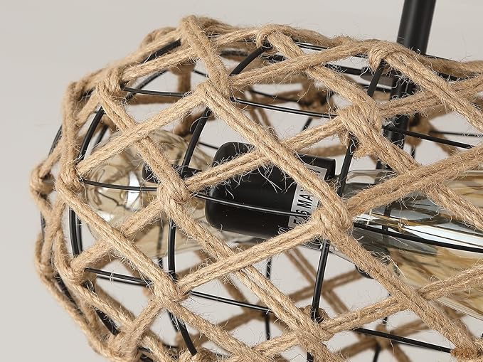 3-Light Coastal Woven Flush Mount Ceiling Light Fixture 13.38 inch Boho Rustic Handmade Hemp Rope Round Cage Semi Flush Mount Ceiling Light for Hallway Hall Entry Bedroom Farmhouse Beach, Black