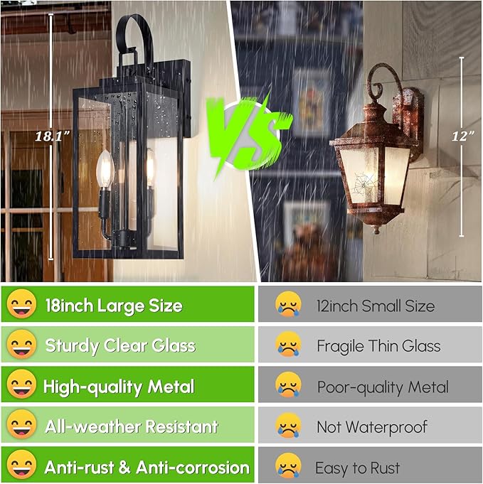 BesLowe 18" Outdoor Wall Light Fixture, 2-Light Large Exterior Lighting Fixture Wall Mount, Waterproof Porch Light Outdoor Wall Sconce Lantern, Outside Light for House Front Door Garage, Black