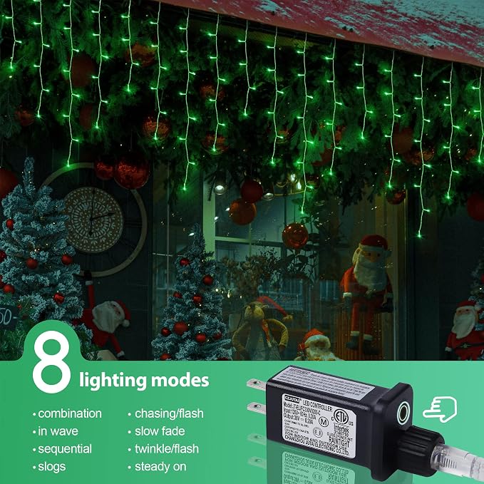 300LED Icicle Lights for Outside,Green Curtain Lights for St Patrick Day,8 Modes with 30V Plug in for Wedding, Party,Bedroom,Home,Garden,Outdoor,Indoor Wall,Christmas Decorations,Connectable